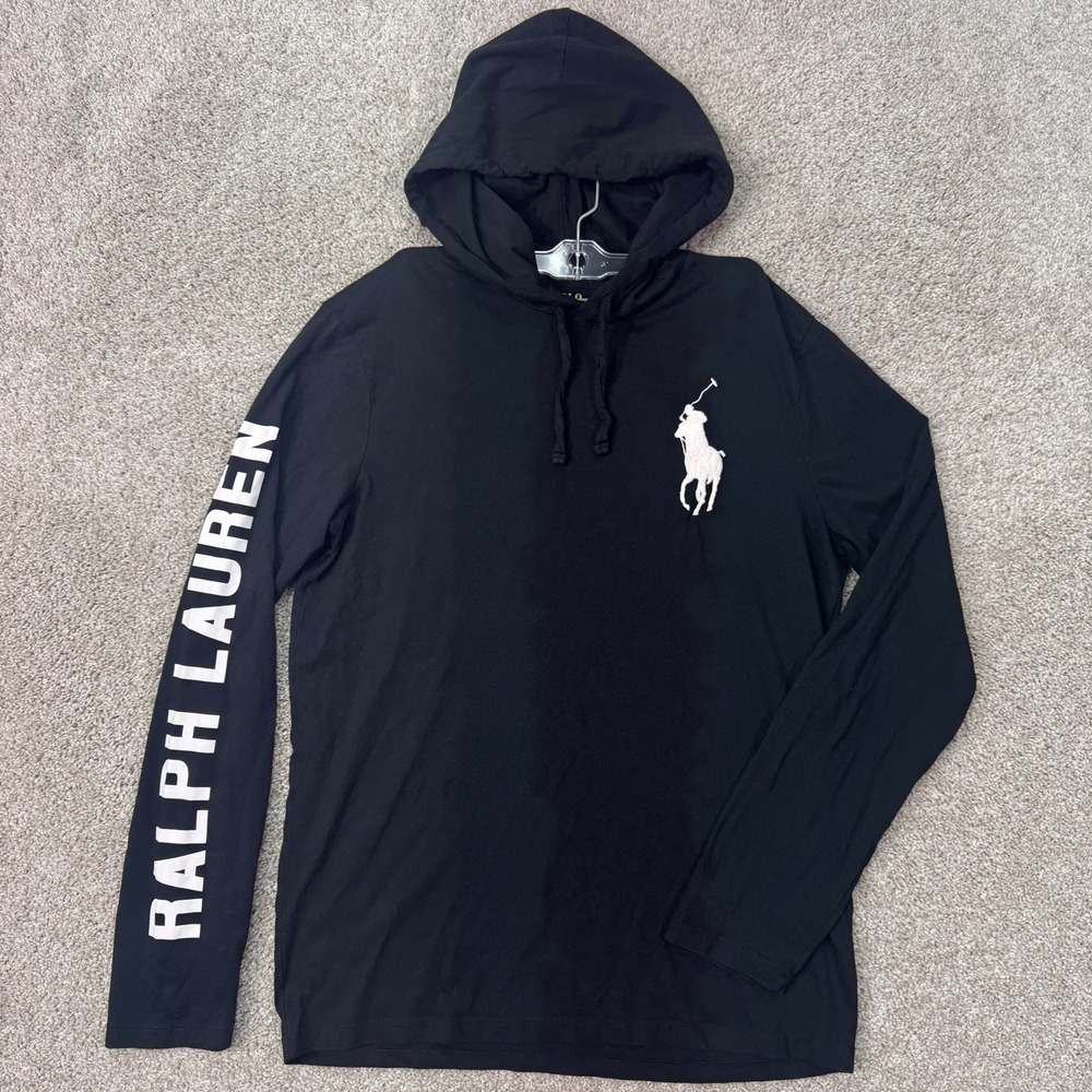 Polo Ralph Lauren Hooded T-Shirt Mens M Big Pony Logo Black Graphic 1967 EUC
